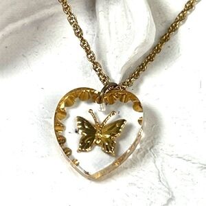 Vintage Intaglio Crystal Heart Gold Butterfly Necklace